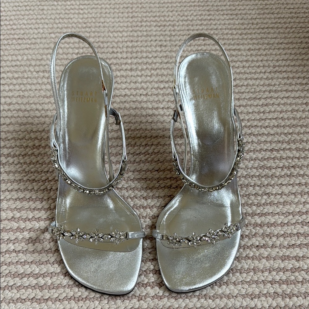 Stuart Weitzman Silver Jewel-Embellished Slingback Sandals